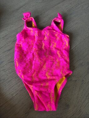 Girls' Bright Pink Lace One-Piece Swimsuit